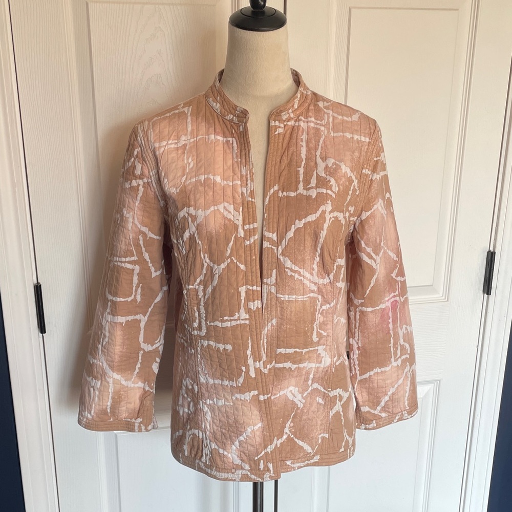 Chico's Upcycled Quilted Open Front Jacket Beige White Pink Tie Dye Medium